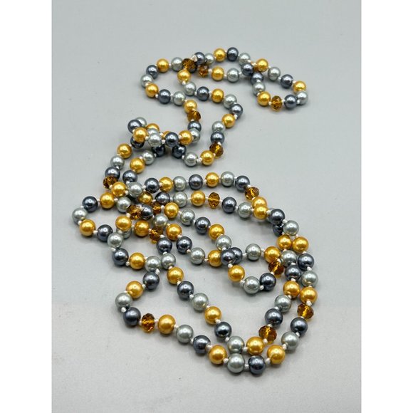 Long Strand Colored Faux Pearls & Crystals Necklace Gold Gray Color Hand Knotted - Picture 2 of 5